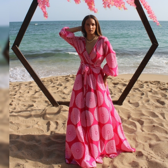 VTG Made In USA Rose Pink Surplice Maxi Dress Sz L Circle Floral Cottagecore - Picture 11 of 11